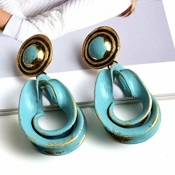 Gold Blue Retro Vintage Round Swirl Boho Gypsy Drop Women's Fashion Earrings