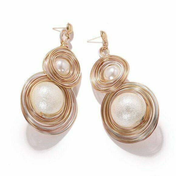 Rose Silver Wired Contemporary Round Large Pearl Drop Elegant Women's Earrings
