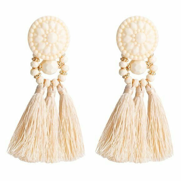 Large Round Floral Boho Gypsy Ivory Tassel Long Women's Fashion Earrings Party 