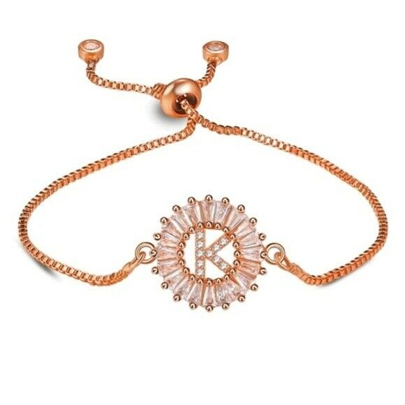 18k Rose Tone Name Initial "K" Letter Cubic Zirconia Adjustable Bracelet Women