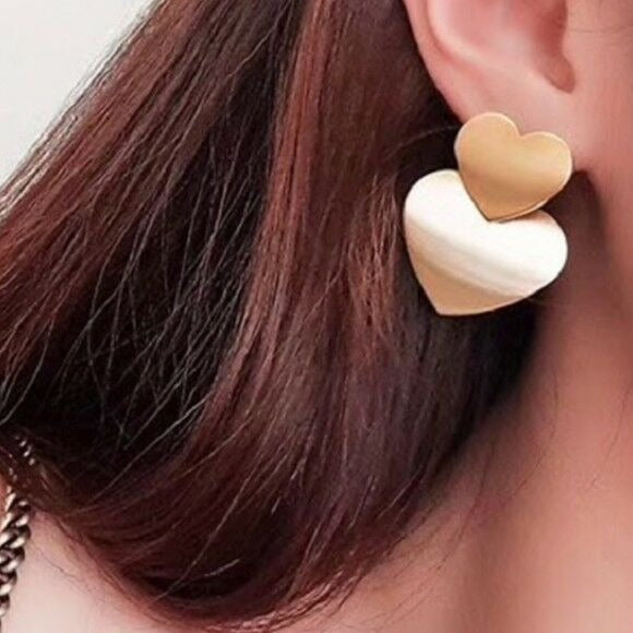 Gold Tone Double Heart Shiny Drop Cute Fashion Women's Earrings 