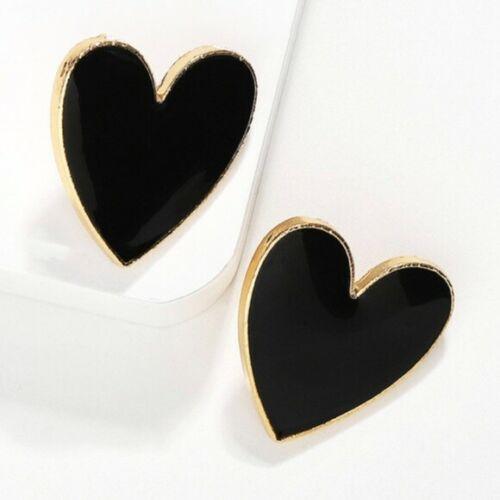 Gold Black Enamel Retro Style Large Heart Stud Earrings