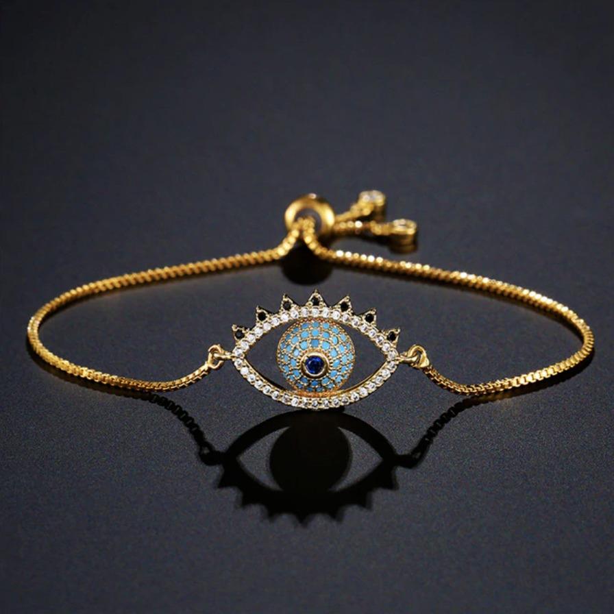 Yellow Gold Blue Pave Cubic Zirconia Evil Eye Cute Lash Boho Adjustable Bracelet