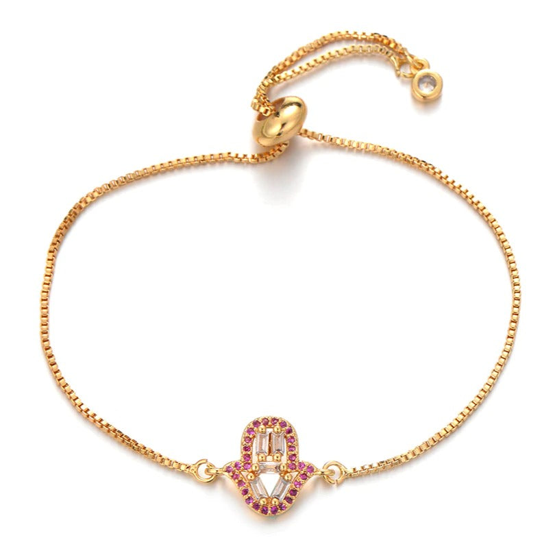 Small Gold Hot Pink Hamsa Hand Boho Cubic Zirconia Women's Adjustable Bracelet