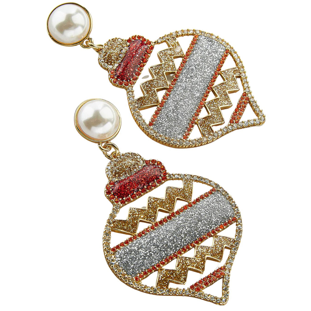 Red Gold Pearl Glitter Christmas Tree Ornament Festive Earrings