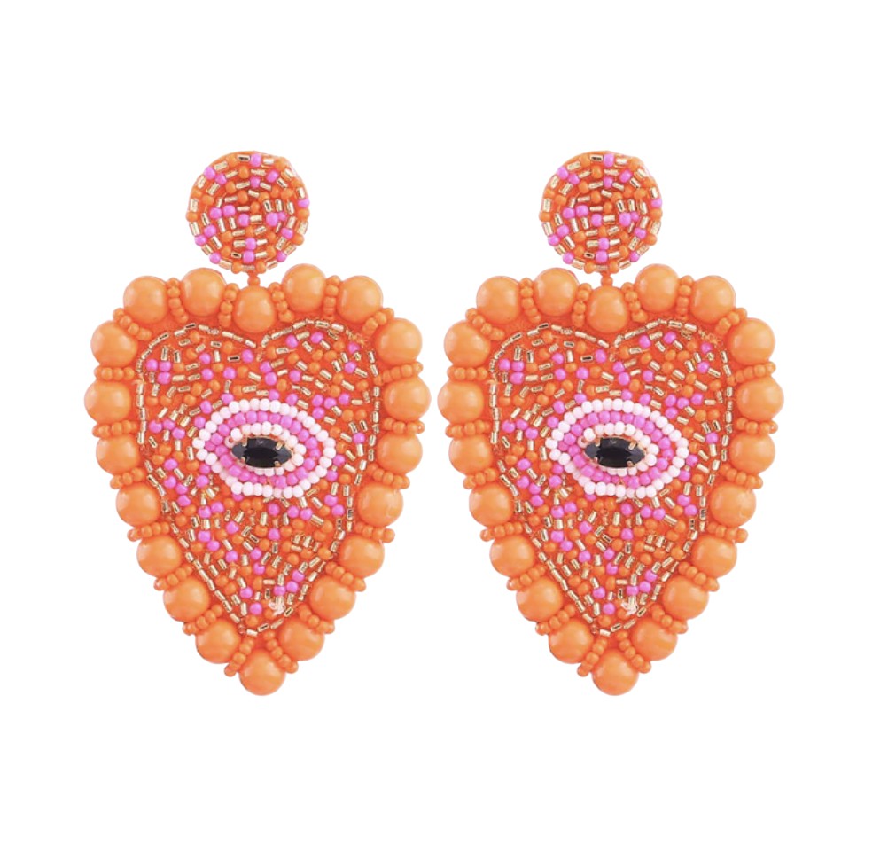 Large Heart Pink Orange Evil Eye Hamsa Beaded Dangle Boho Earrings