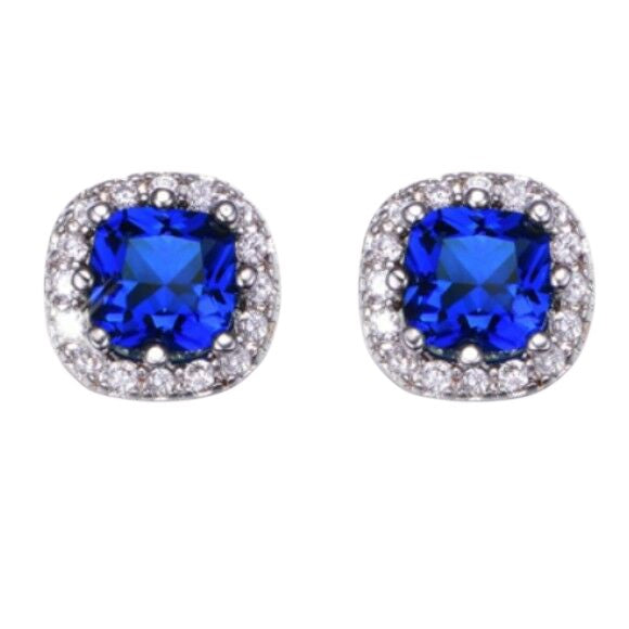 Blue Synthetic Sapphire Crystal Cubic Zirconia Cushion Style Stud Earrings