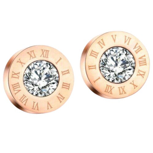 Rose Gold Cubic Zirconia Round Roman Numerals Stud Earrings