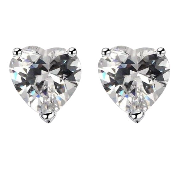 Silver Heart Shaped Cubic Zirconia 3 Prong Women's Earrings Love Gift