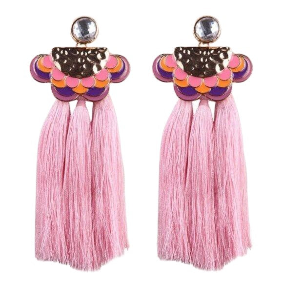 Orange & Purple Enamel Drop Boho Pink Tassel Crystal Earrings