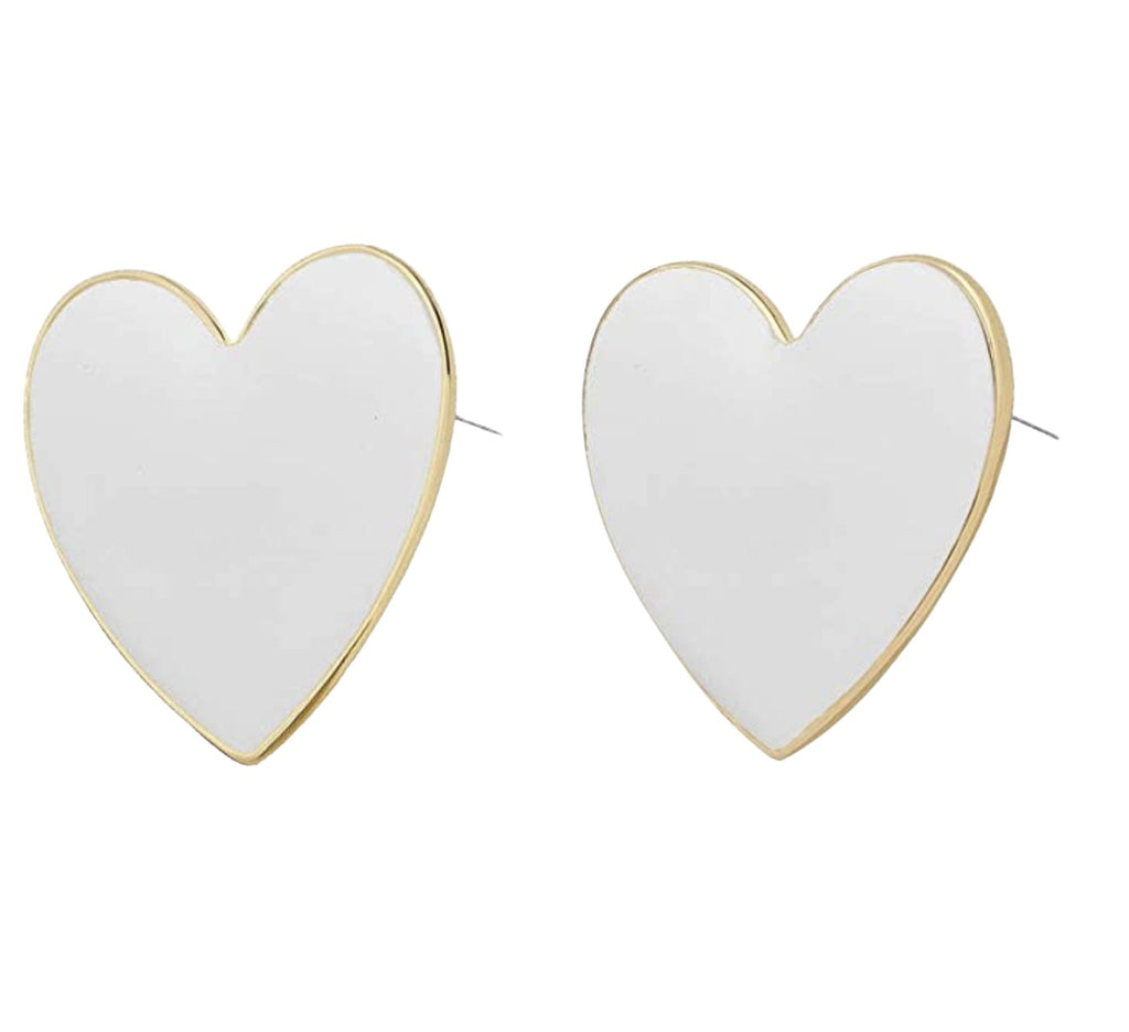 Gold Enamel Retro Style Large Heart Stud Earrings
