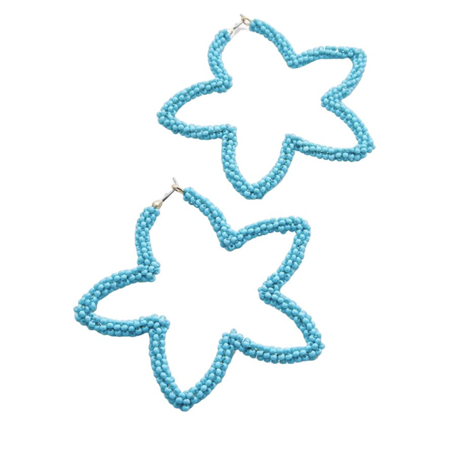 Blue Beaded Star Shaped Dangle Hoop Earrings