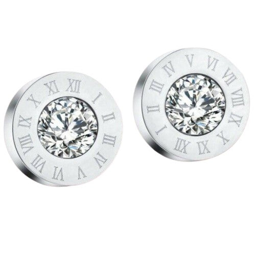 Silver Cubic Zirconia Round Roman Numerals Stud Earrings