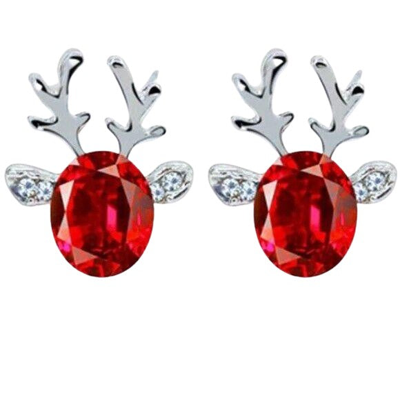 Silver Red Crystal Christmas Reindeer Stud Earrings