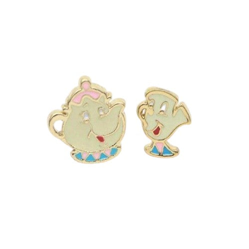Gold Beauty And The Beast Mrs Potts & Chip Stud Earrings Disney Cute