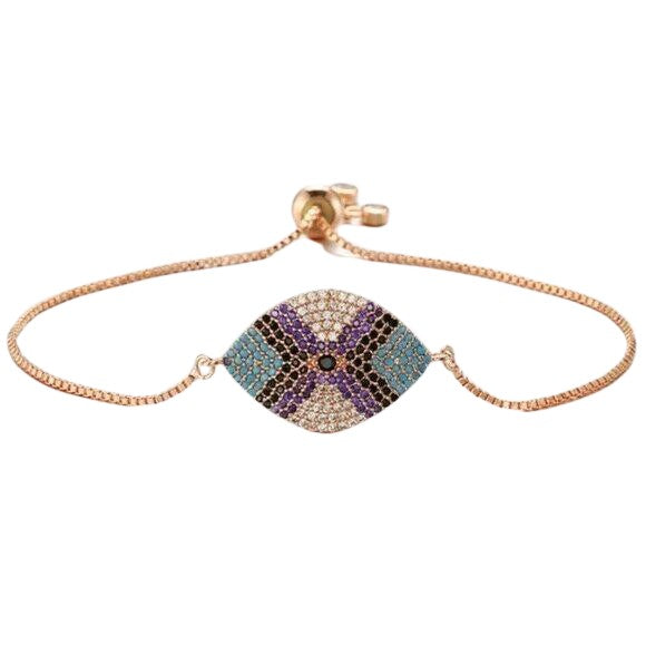 Evil Eye Purple Mosaic Pave Cubic Zirconia Yellow Gold Adjustable Bracelet