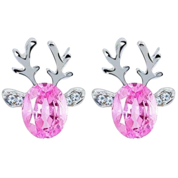 Silver Pink Crystal Christmas Reindeer Stud Earrings