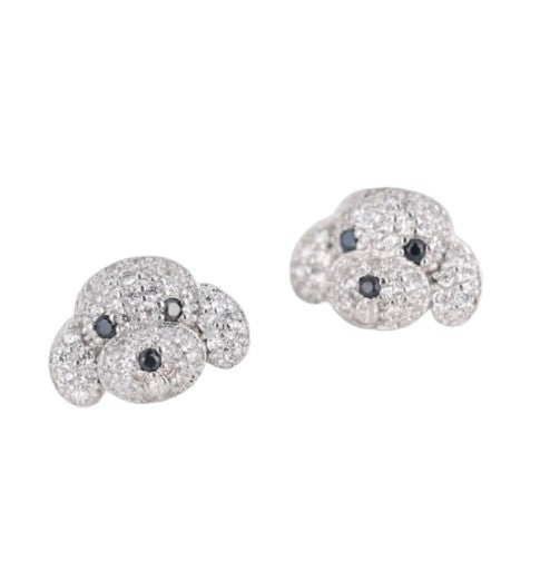 Sterling Silver Pave Cubic Zirconia Small Dog Animal Puppy Head Stud Earrings