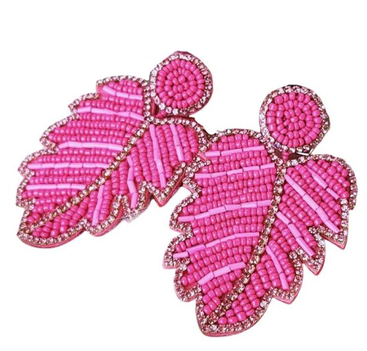 Large Hot Pink Beaded Crystal Leaf Boho Chic Earrings