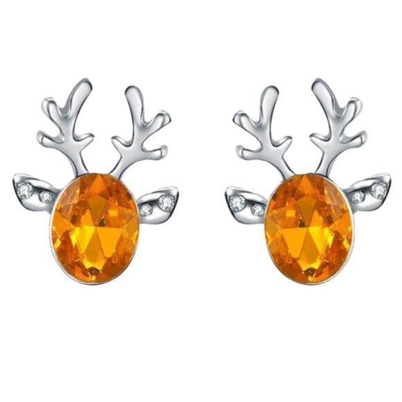 Silver Orange Crystal Christmas Reindeer Stud Earrings