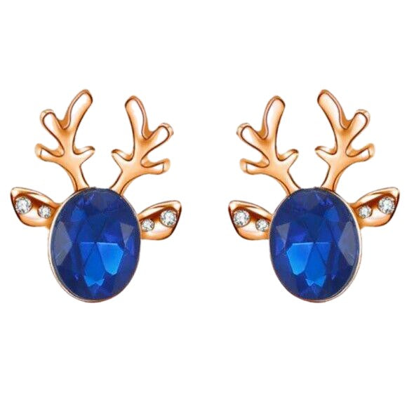 Yellow Gold London Blue Crystal Christmas Reindeer Stud Earrings