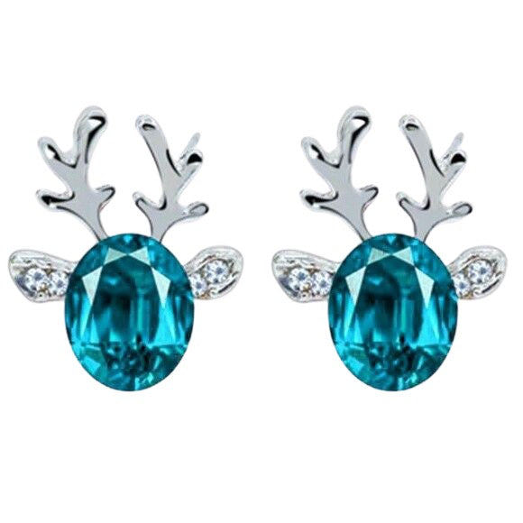 Silver Blue Crystal Christmas Reindeer Stud Earrings