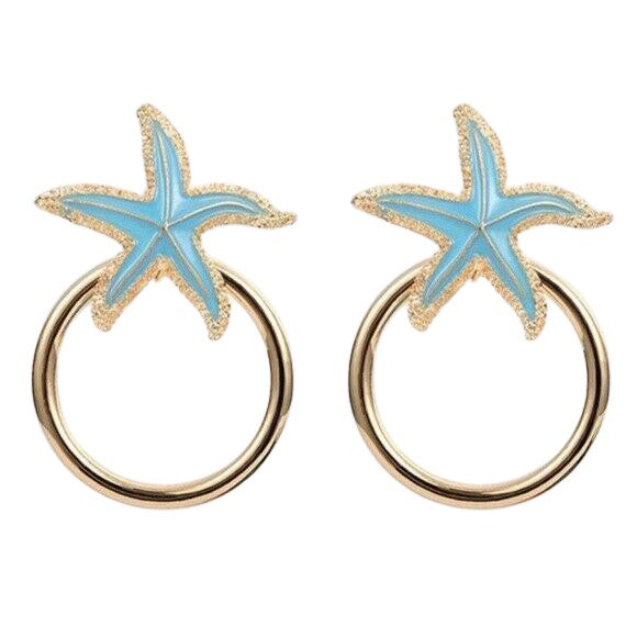 Blue Starfish Hoop Drop Statement Earrings