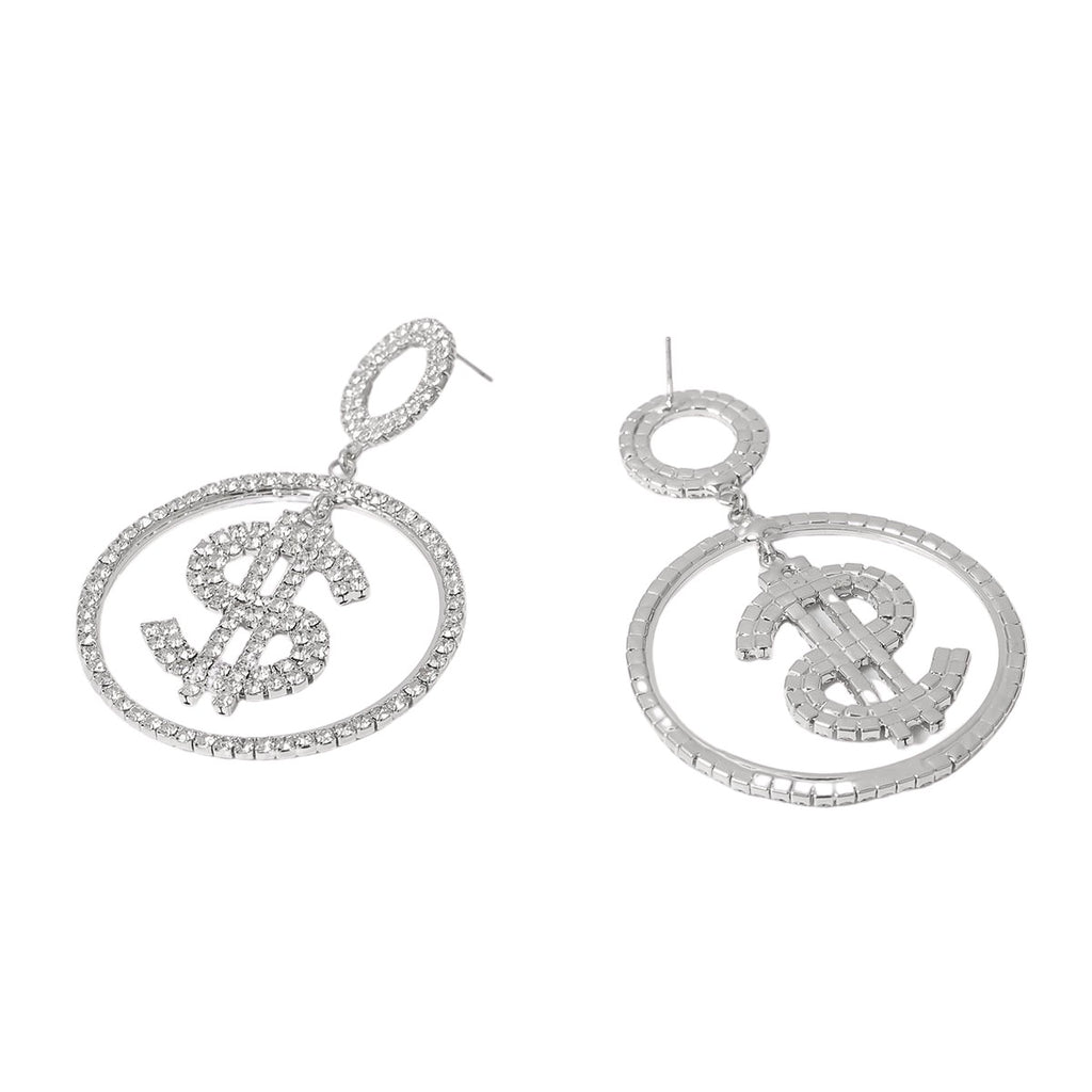 Round Hoop Dollar Sign Silver Drop Earrings