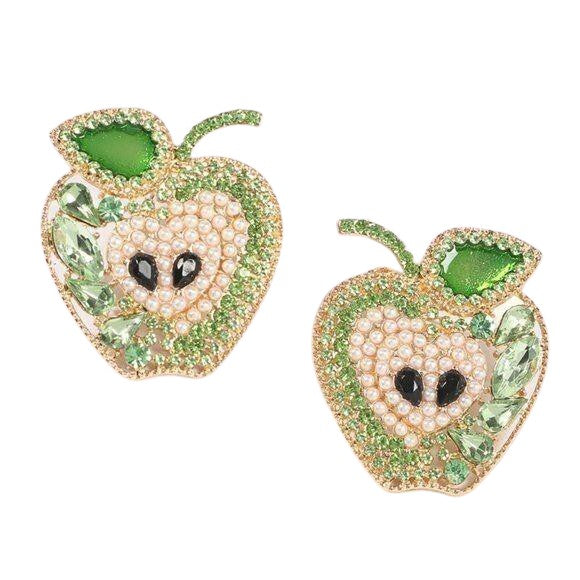 Large Green Apple Rhinestone Stud Earrings