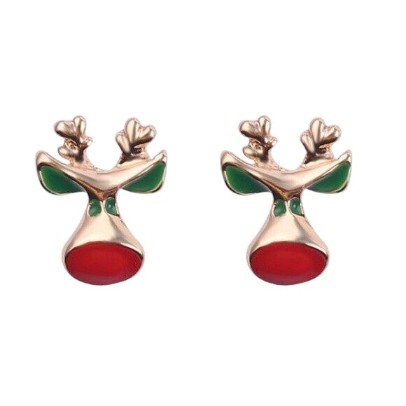 Red Green Gold Enamel Cute Reindeer Winter Stud Earrings