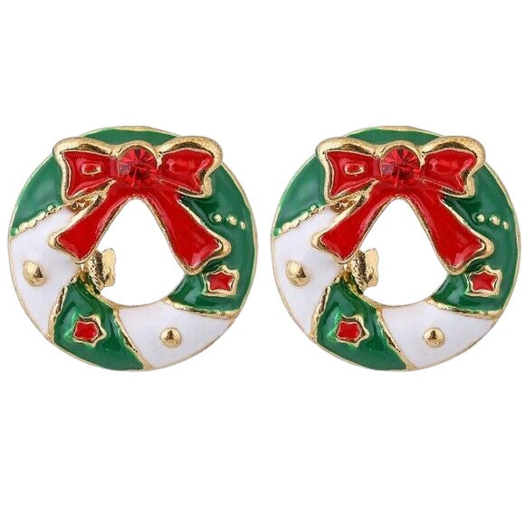 Red Green Holiday Christmas Wreath Winter Stud Earrings