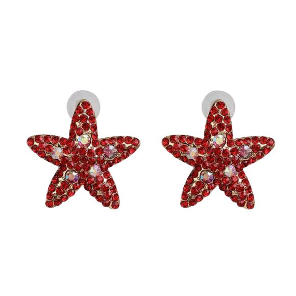 Gold Red Rhinestone Large Starfish Star Earrings