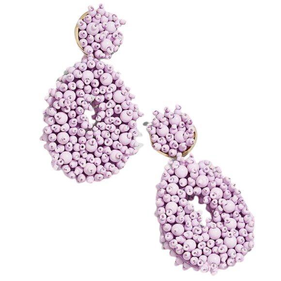 Oval Purple Lilac Beaded Drop Long Statement Earrings