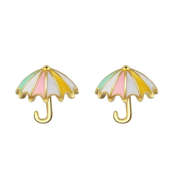 Gold Pink Enamel Cute Umbrella Small Stud Earrings