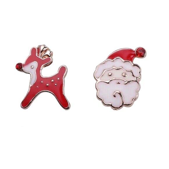Red Enamel Gold Santa Claus Reindeer Duo Stud Earrings