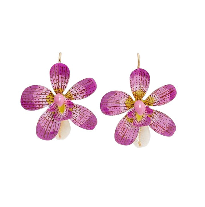 Hibiscus Flower & Seashell Hawaiian Gold Drop Earrings