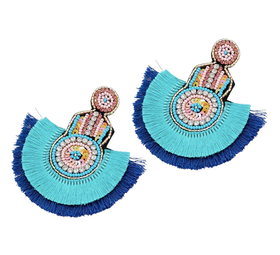 Pink Blue Evil Eye Hamsa Tassel Crystal Sequin Dangle Boho Earrings