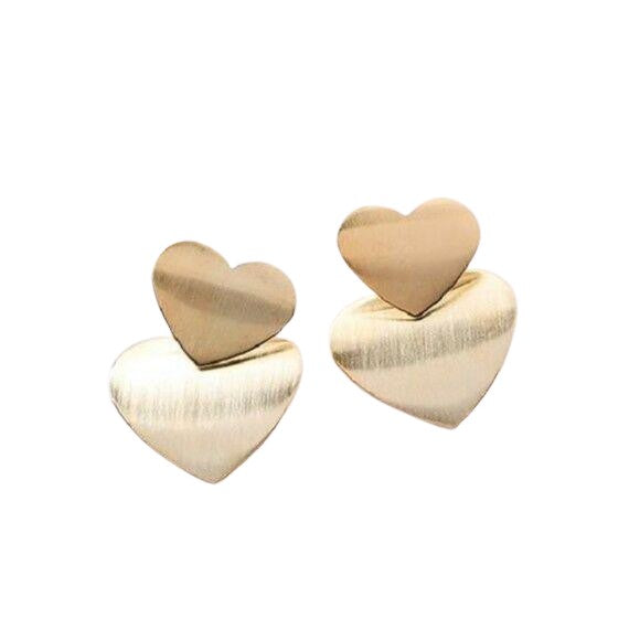 Gold Tone Double Heart Shiny Drop Cute Fashion Women's Earrings