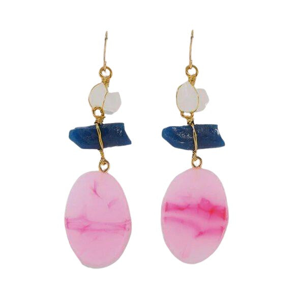 Yellow Gold Pink Raw Stone Contemporary Drop Boho Earrings