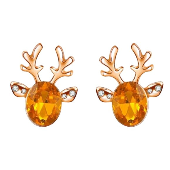 Yellow Gold Orange Crystal Christmas Reindeer Stud Earrings