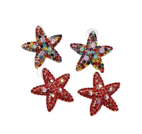 Gold Red Rhinestone Large Starfish Star Earrings