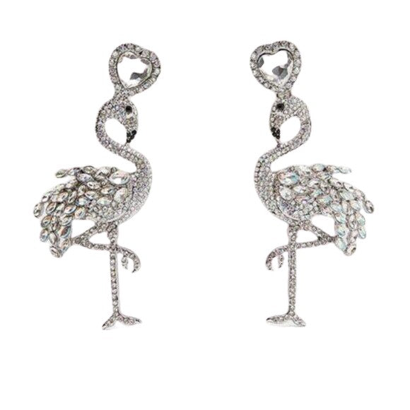 Silver Crystal Sweet Flamingo Dangle Earrings