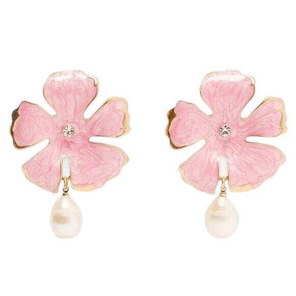Pink Hibiscus Pearl Flower Drop Earrings