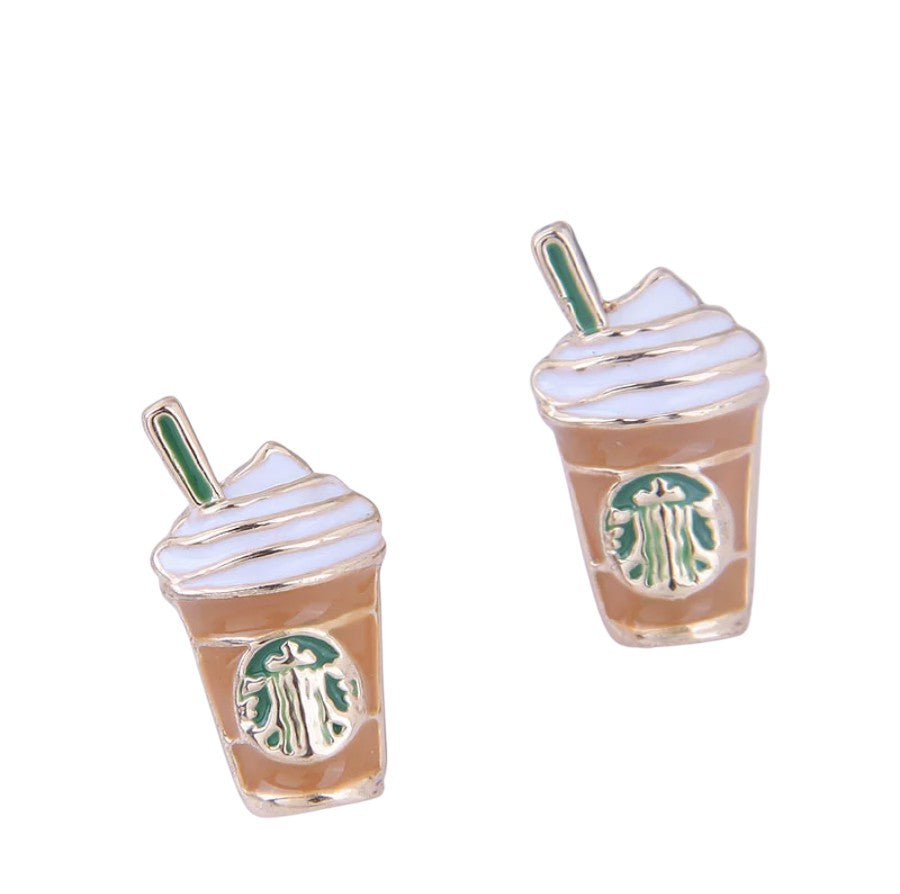 Brown Green Starbucks Coffee Frappe Drink Small Stud Fashion Earrings