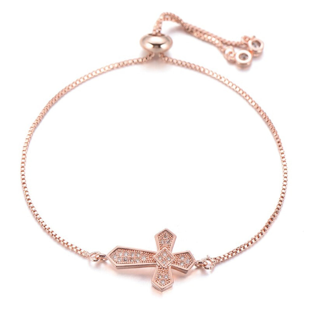 Dainty Cross Charm Rose Gold Cubic Zirconia Adjustable Religious Bracelet