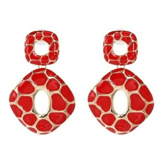 Red Gold Square Retro Style Drop Women's Statement Earrings Party Blogger 