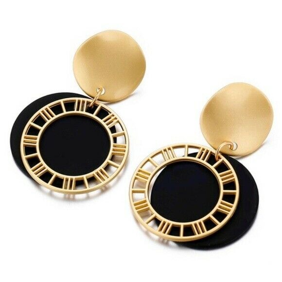 Gold Black Round Numeral Numbers Retro Style Drop Disc Women's Earrings