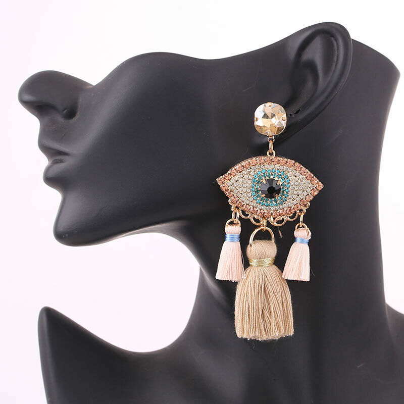 Large Pink Gold Evil Eye Hamsa Tassel Crystal Dangle Boho Gypsy Women's Earrings