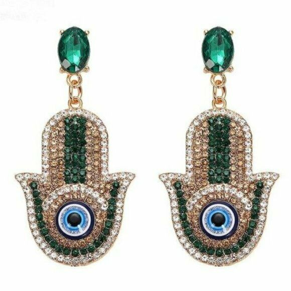 Green Gold Evil Eye Hamsa Symbol Crystal Boho Drop Earrings