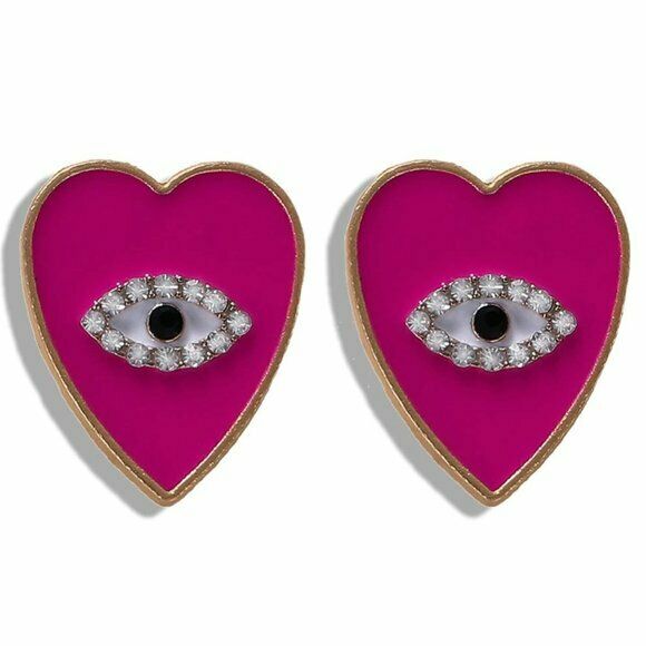 Magenta Enamel Gold Heart Evil Eye Symbol Rhinestone Stud Earrings